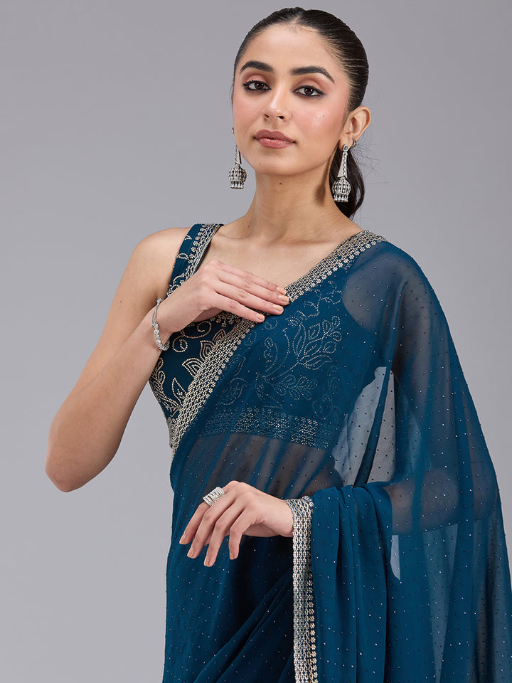 Peacock Blue Stonework (Gold) Georgette Saree