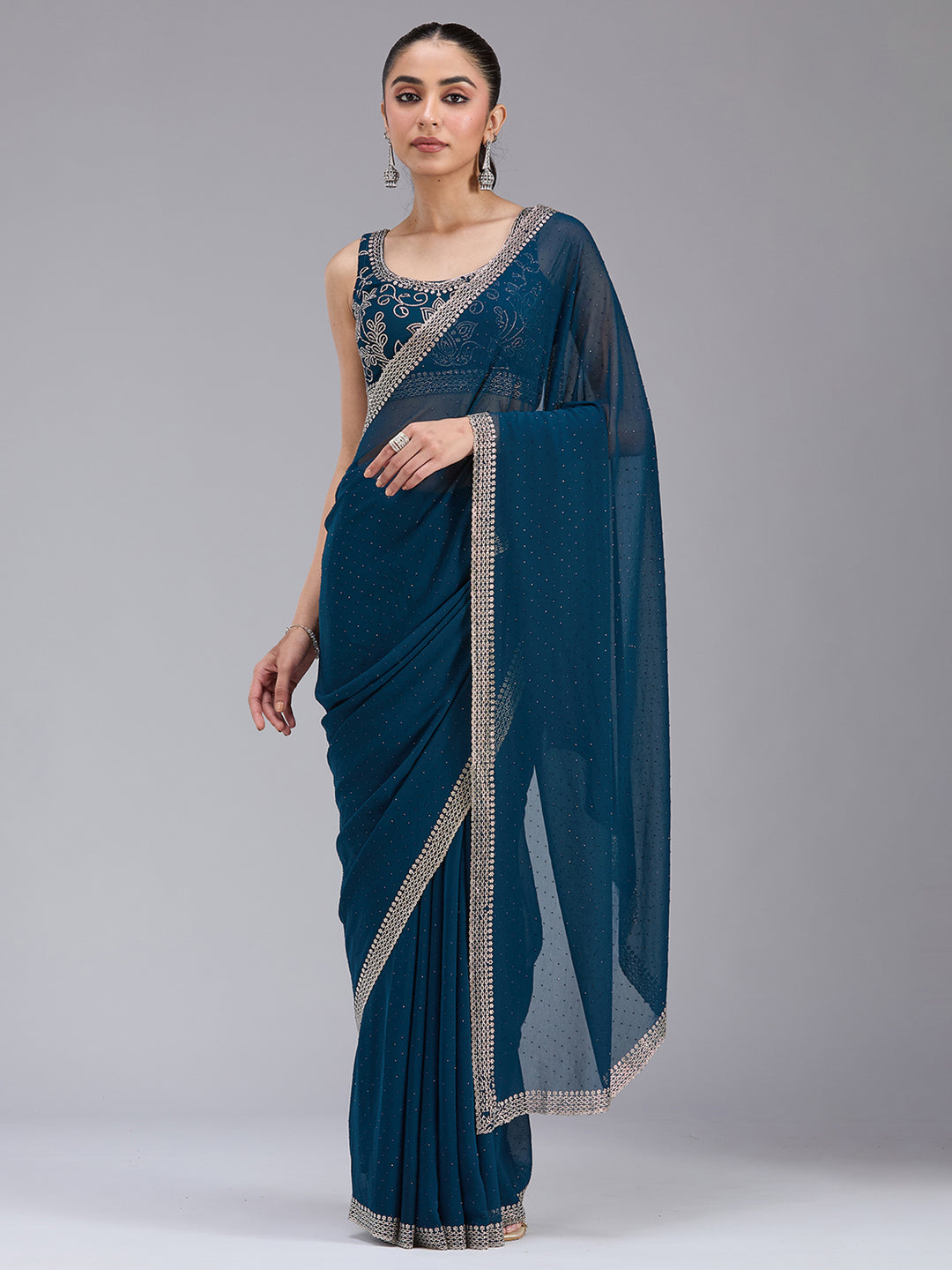Peacock Blue Stonework (Gold) Georgette Saree