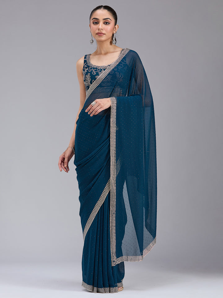 Peacock Blue Stonework (Gold) Georgette Saree