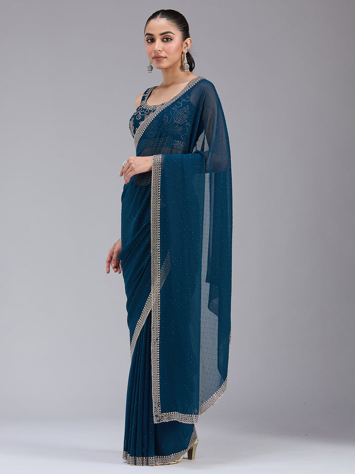 Peacock Blue Stonework (Gold) Georgette Saree