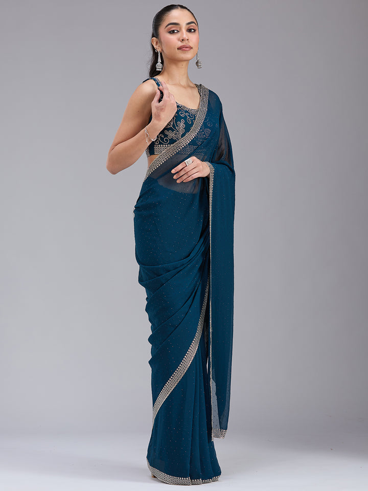 Peacock Blue Stonework (Gold) Georgette Saree