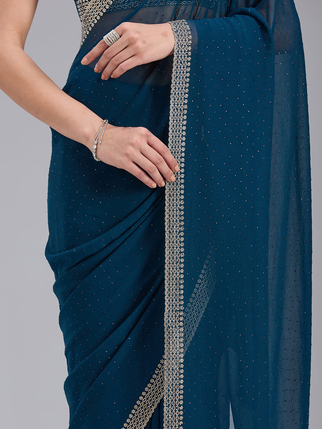 Peacock Blue Stonework (Gold) Georgette Saree