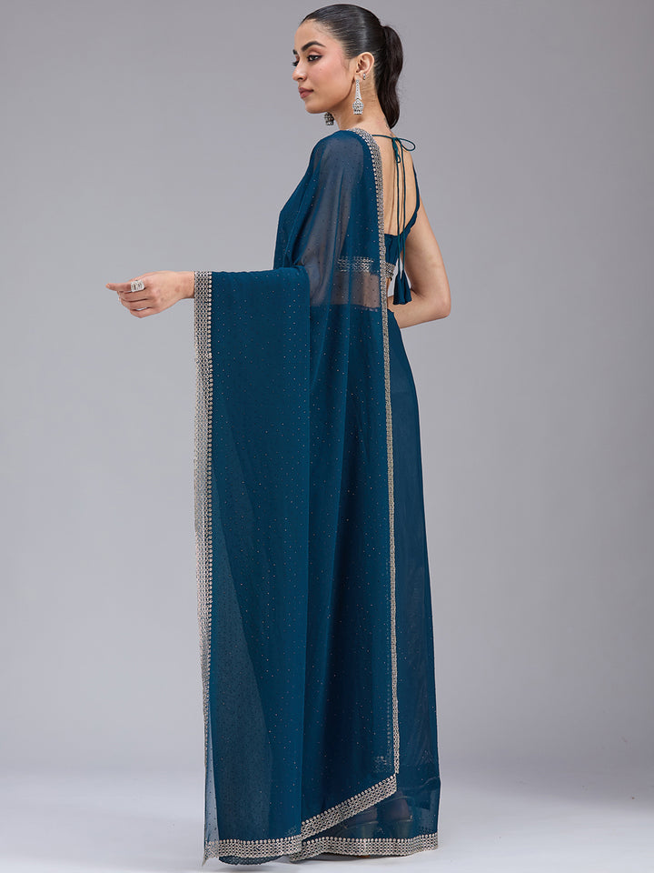 Peacock Blue Stonework (Gold) Georgette Saree