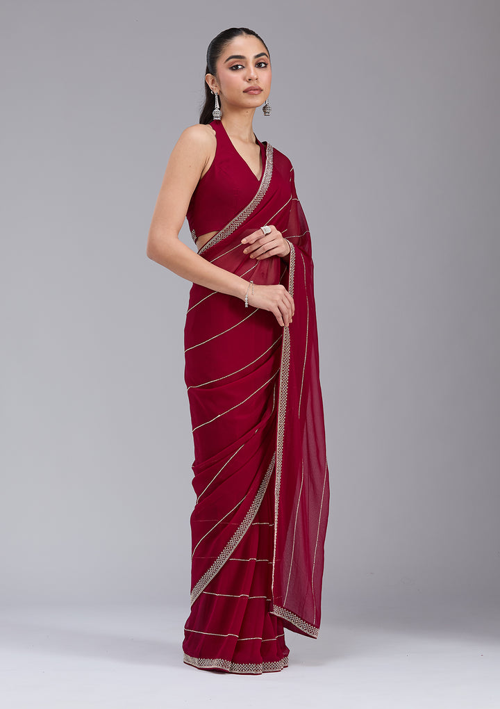 Maroon Stonework (Gold) Georgette Saree