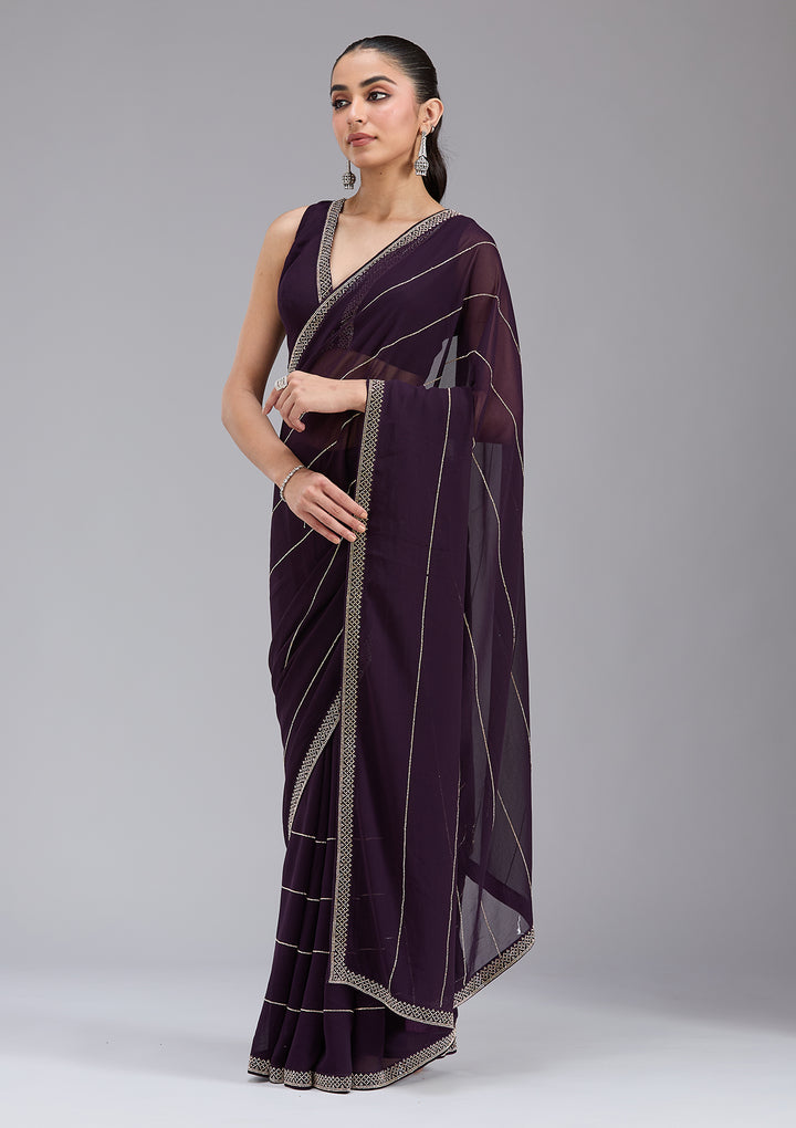Purple Stonework (Gold) Georgette Saree