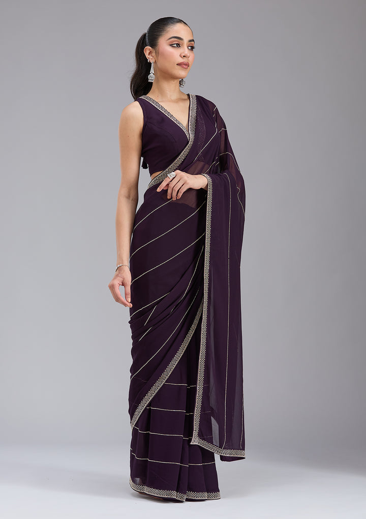 Purple Stonework (Gold) Georgette Saree