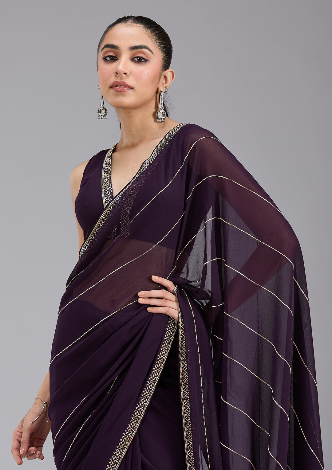 Purple Stonework (Gold) Georgette Saree