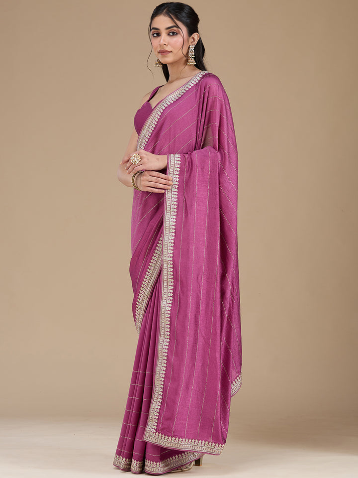 Dark Lavender Zariwork (Silver) Soft Raw Silk Saree