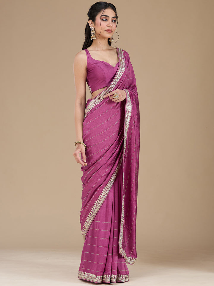 Dark Lavender Zariwork (Silver) Soft Raw Silk Saree
