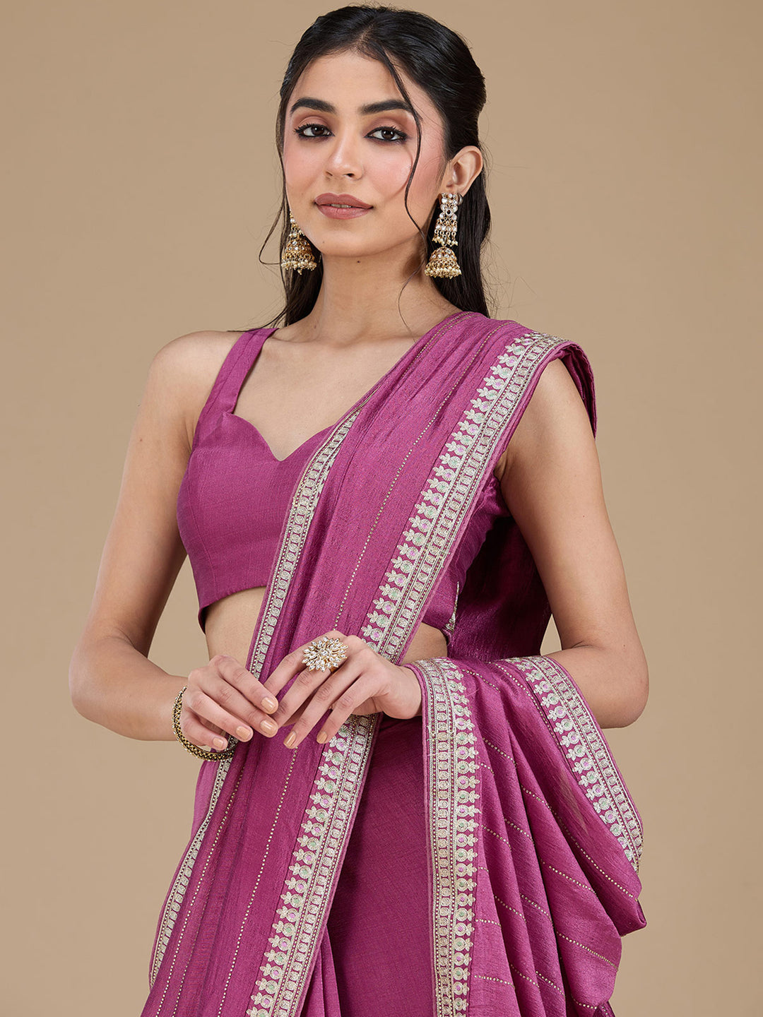 Dark Lavender Zariwork (Silver) Soft Raw Silk Saree