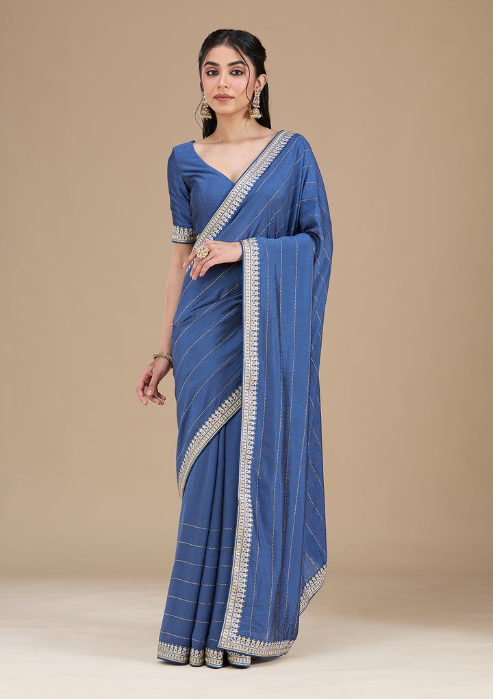 Navy Blue Zariwork (Silver) Soft Raw Silk Saree