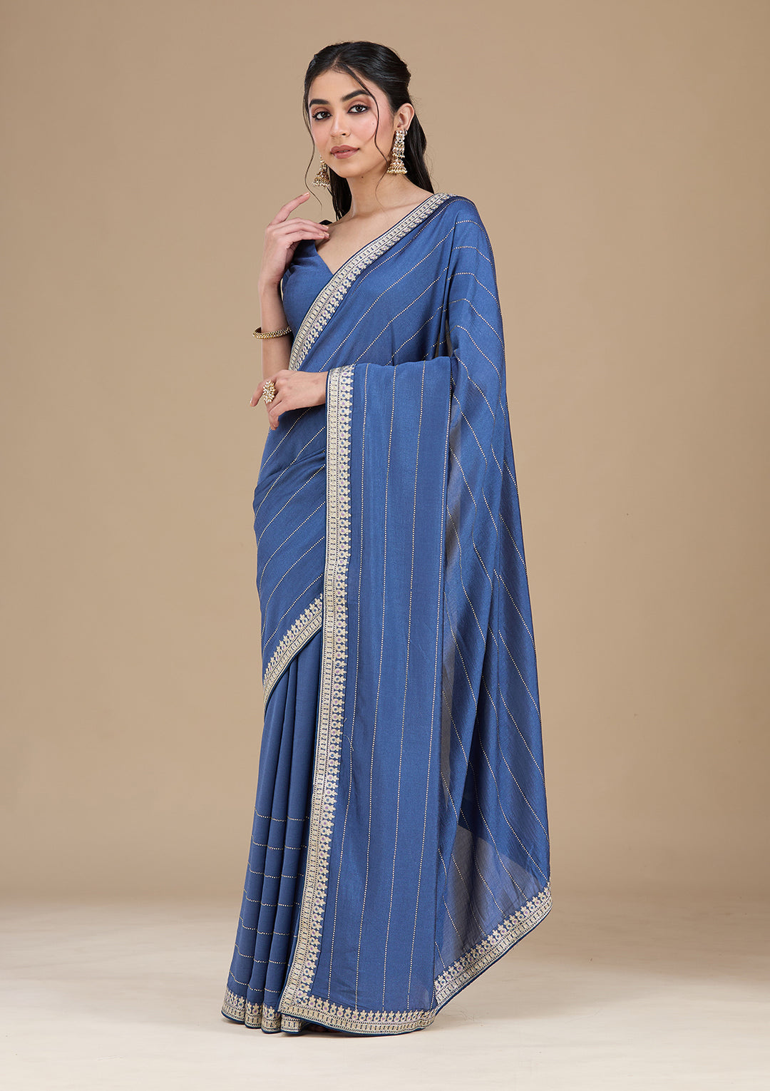Navy Blue Zariwork (Silver) Soft Raw Silk Saree