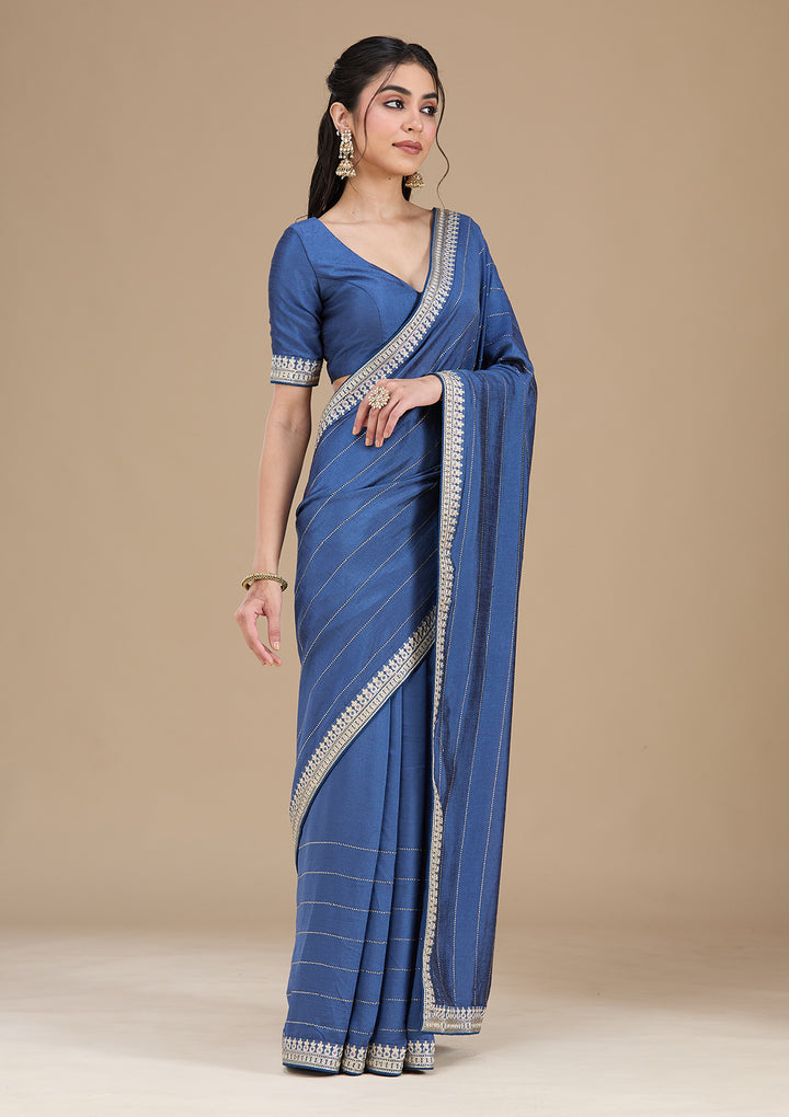 Navy Blue Zariwork (Silver) Soft Raw Silk Saree