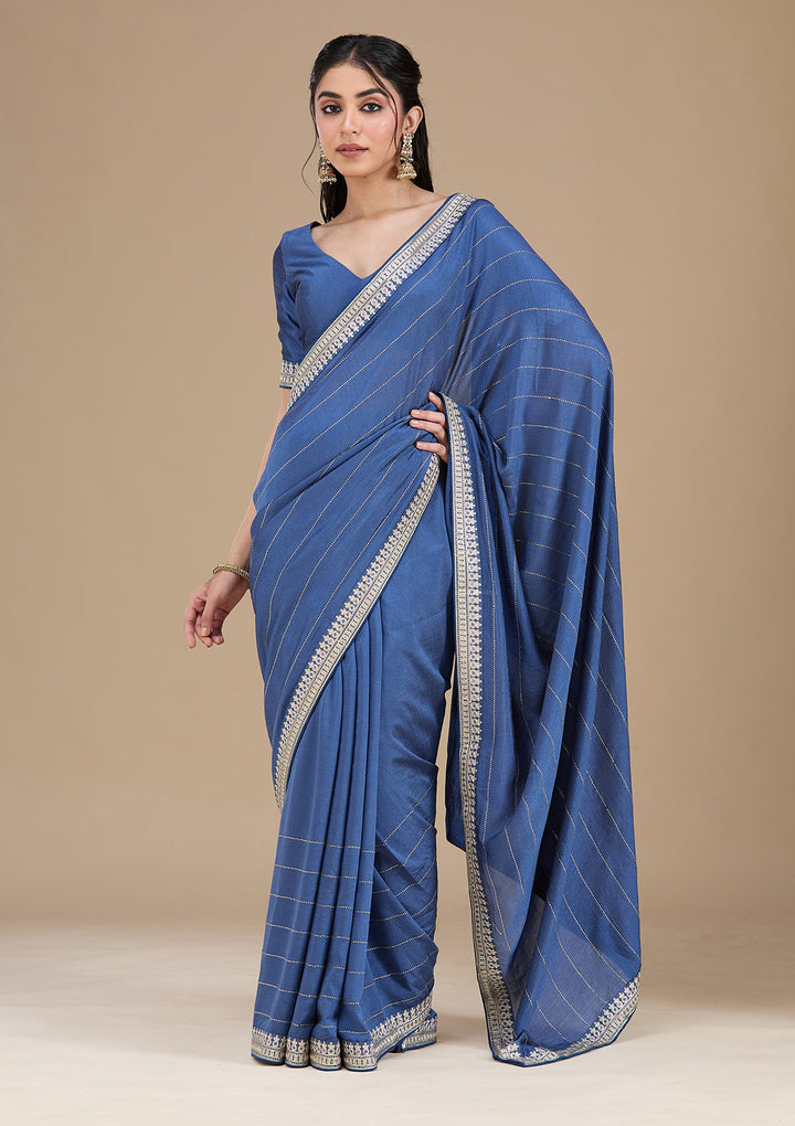 Navy Blue Zariwork (Silver) Soft Raw Silk Saree