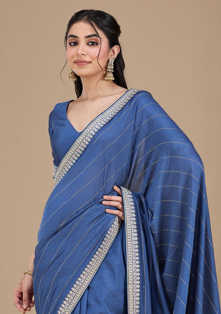 Navy Blue Zariwork (Silver) Soft Raw Silk Saree