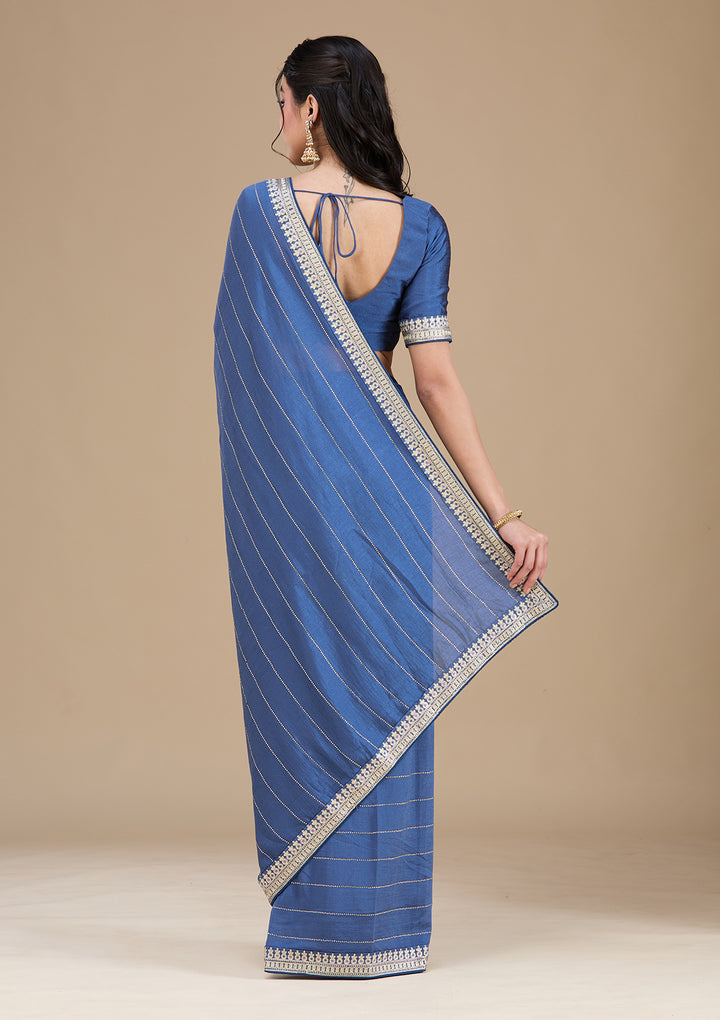 Navy Blue Zariwork (Silver) Soft Raw Silk Saree