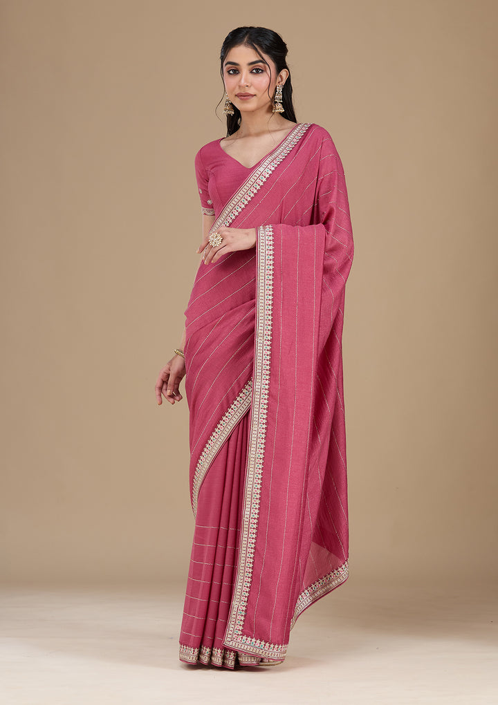 Onion Pink Zariwork (Silver) Soft Raw Silk Saree