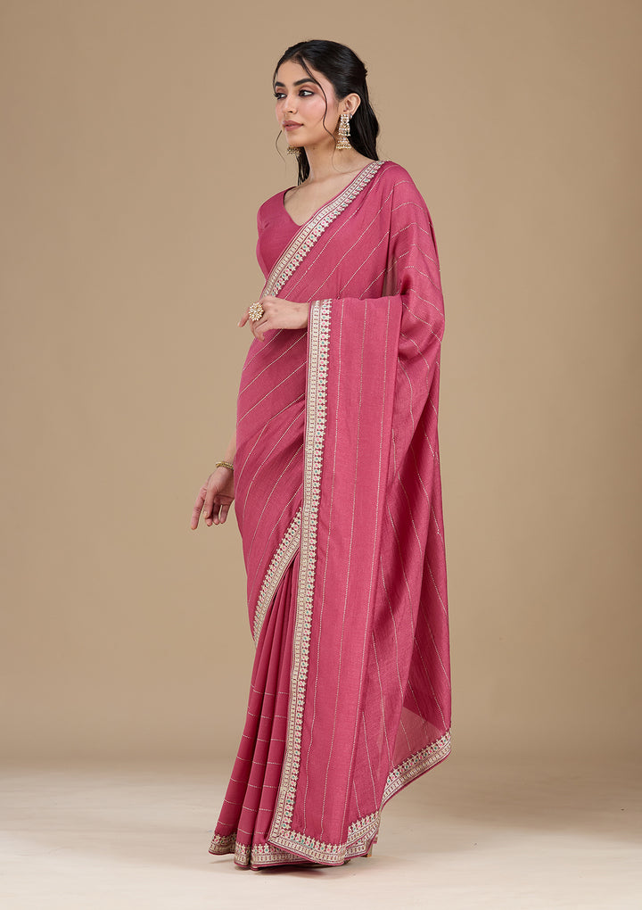 Onion Pink Zariwork (Silver) Soft Raw Silk Saree