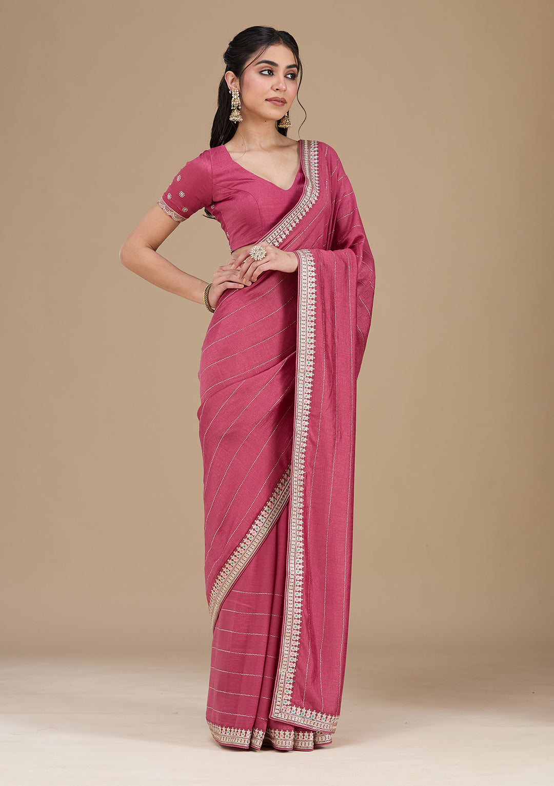 Onion Pink Zariwork (Silver) Soft Raw Silk Saree
