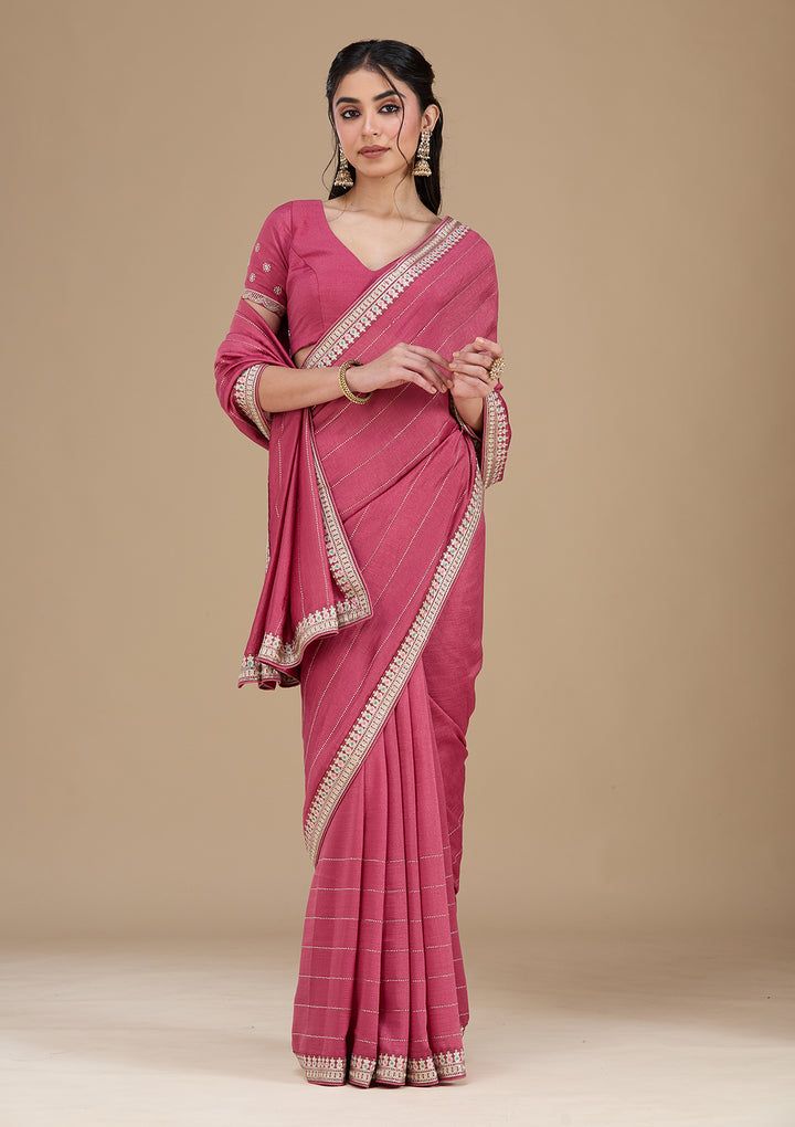 Onion Pink Zariwork (Silver) Soft Raw Silk Saree