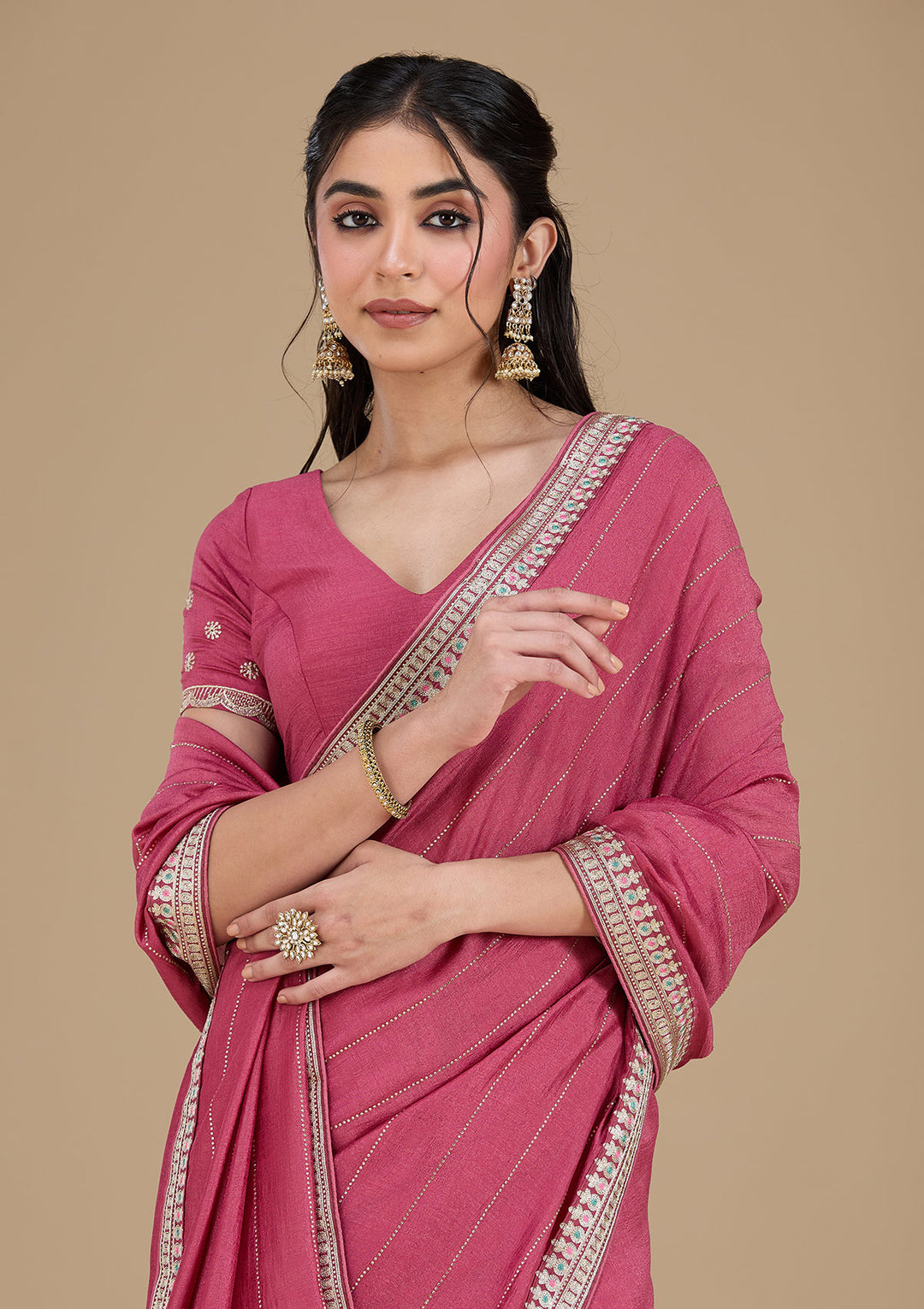 Onion Pink Zariwork (Silver) Soft Raw Silk Saree
