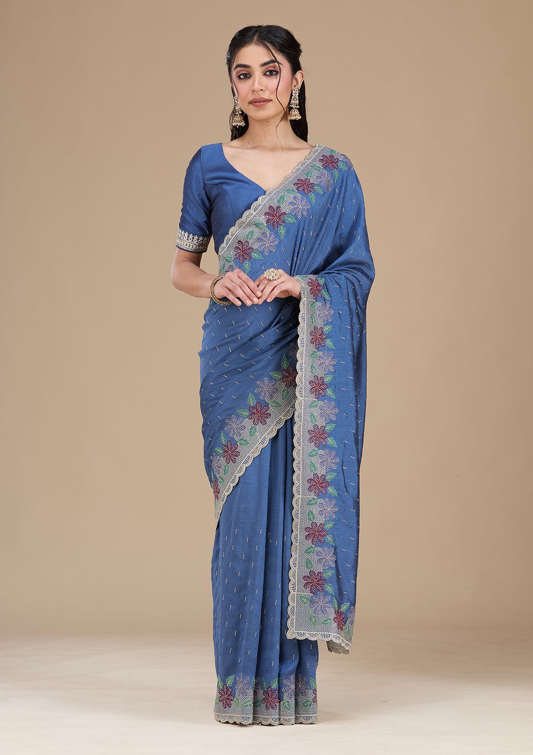 Navy Blue Threadwork Soft Raw Silk Saree
