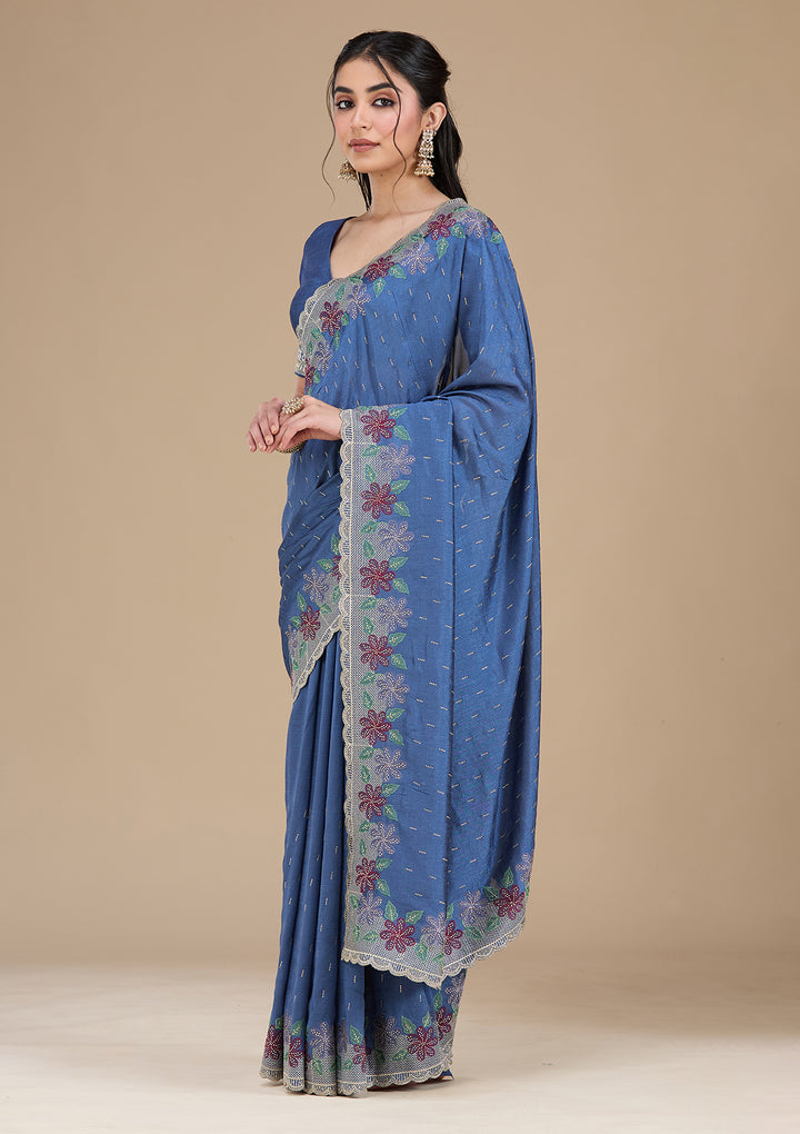 Navy Blue Threadwork Soft Raw Silk Saree