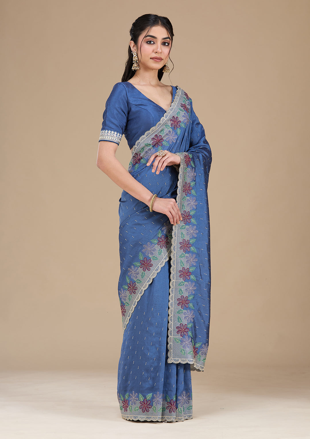 Navy Blue Threadwork Soft Raw Silk Saree