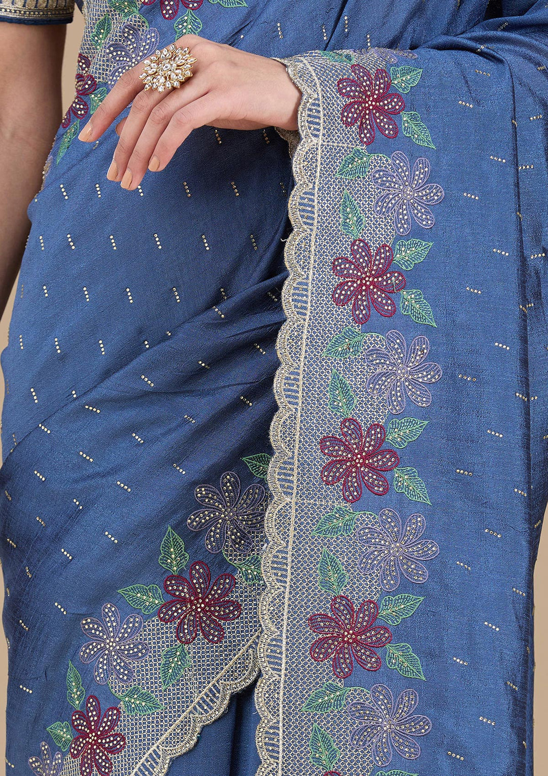 Navy Blue Threadwork Soft Raw Silk Saree