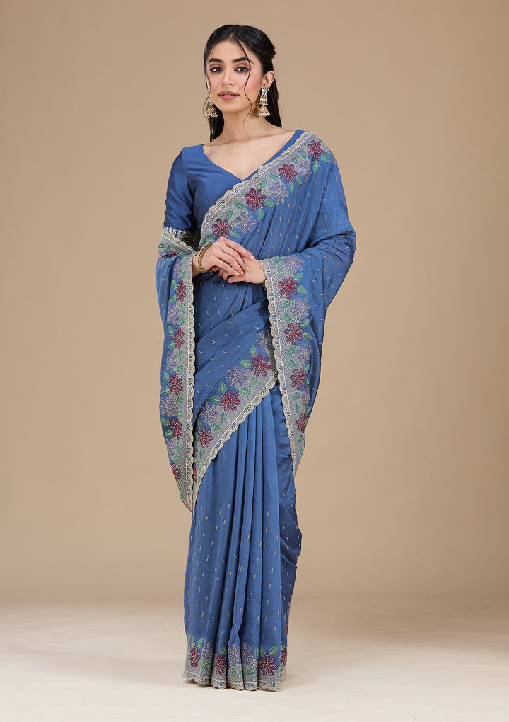 Navy Blue Threadwork Soft Raw Silk Saree