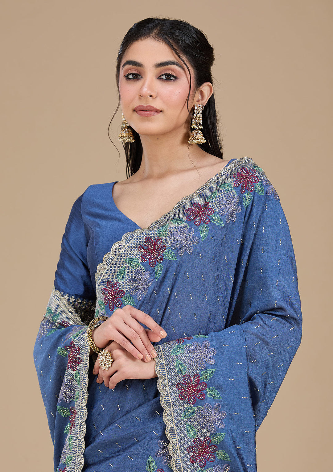 Navy Blue Threadwork Soft Raw Silk Saree