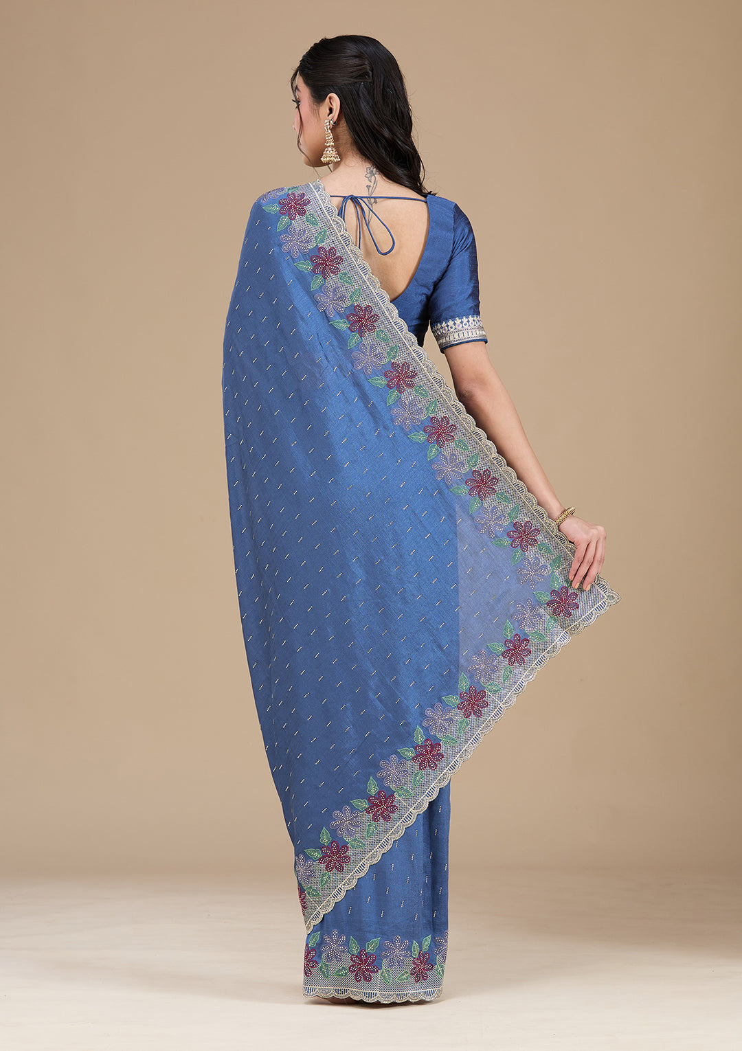 Navy Blue Threadwork Soft Raw Silk Saree