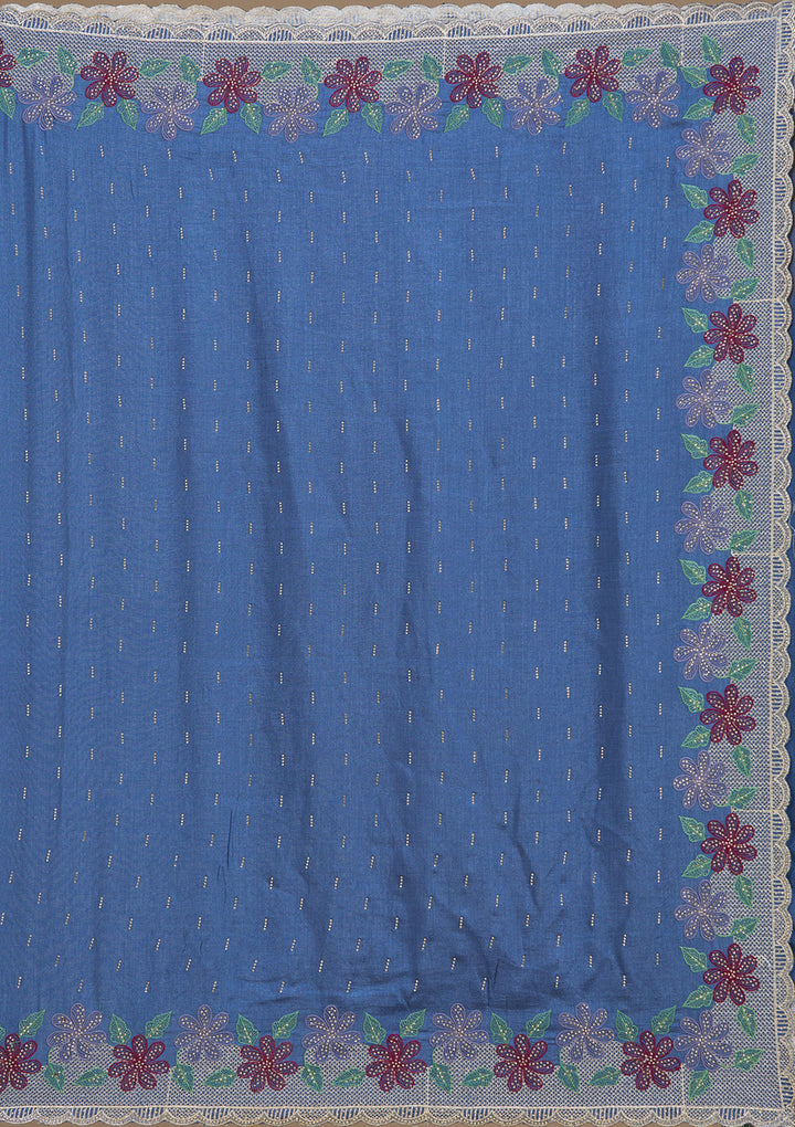 Navy Blue Threadwork Soft Raw Silk Saree
