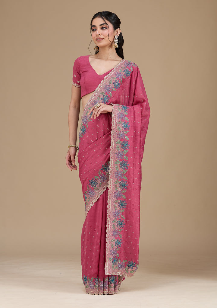 Onion Pink Threadwork Soft Raw Silk Saree