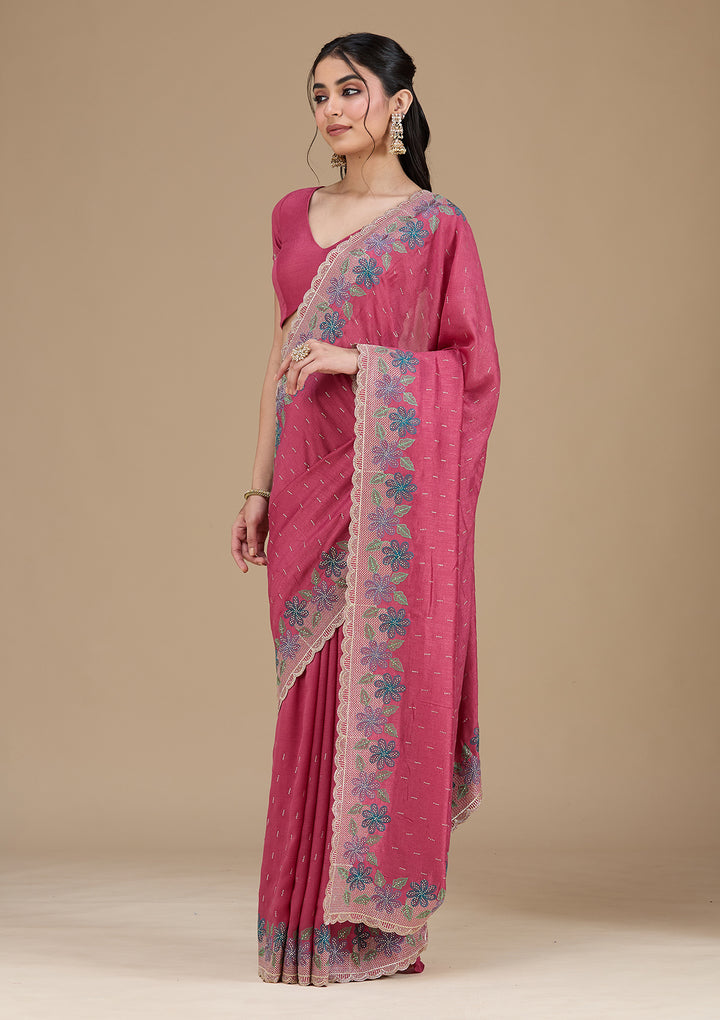 Onion Pink Threadwork Soft Raw Silk Saree