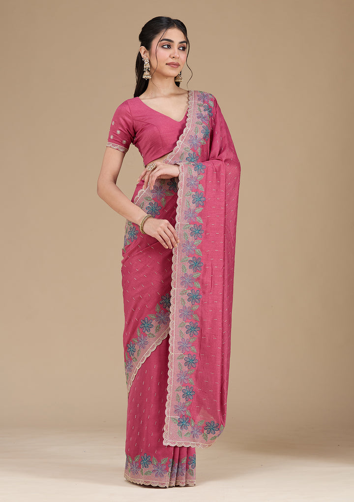 Onion Pink Threadwork Soft Raw Silk Saree