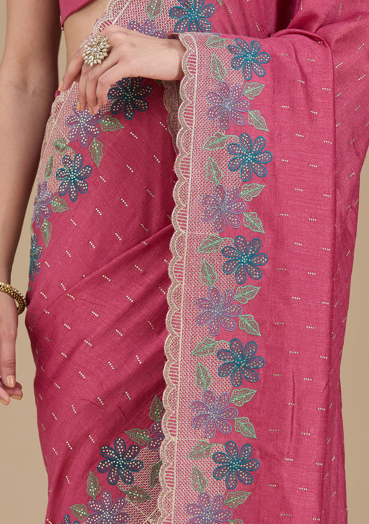 Onion Pink Threadwork Soft Raw Silk Saree