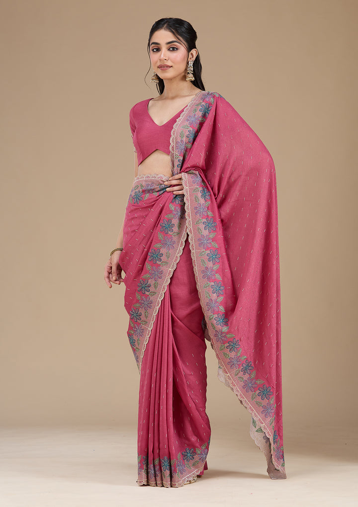 Onion Pink Threadwork Soft Raw Silk Saree