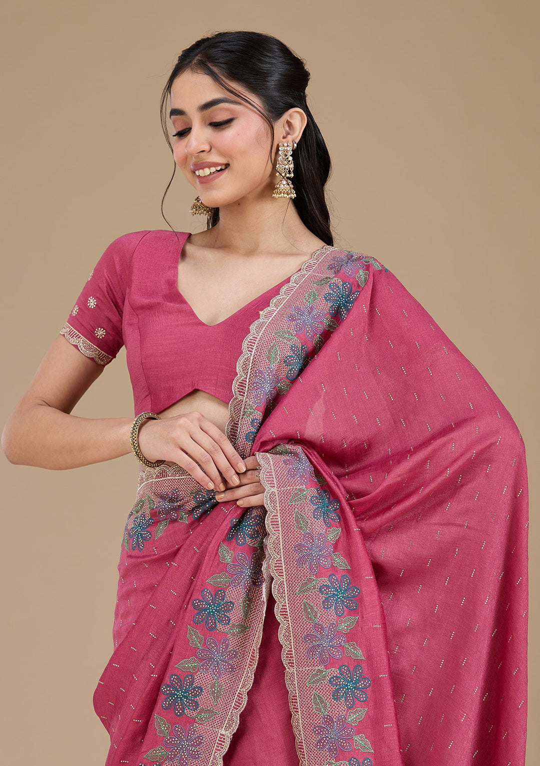 Onion Pink Threadwork Soft Raw Silk Saree