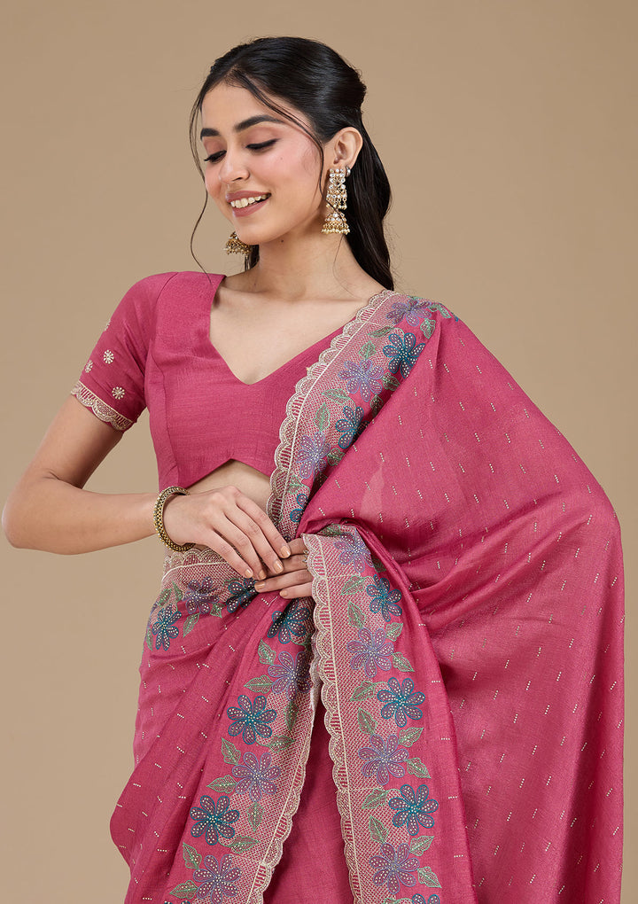 Onion Pink Threadwork Soft Raw Silk Saree