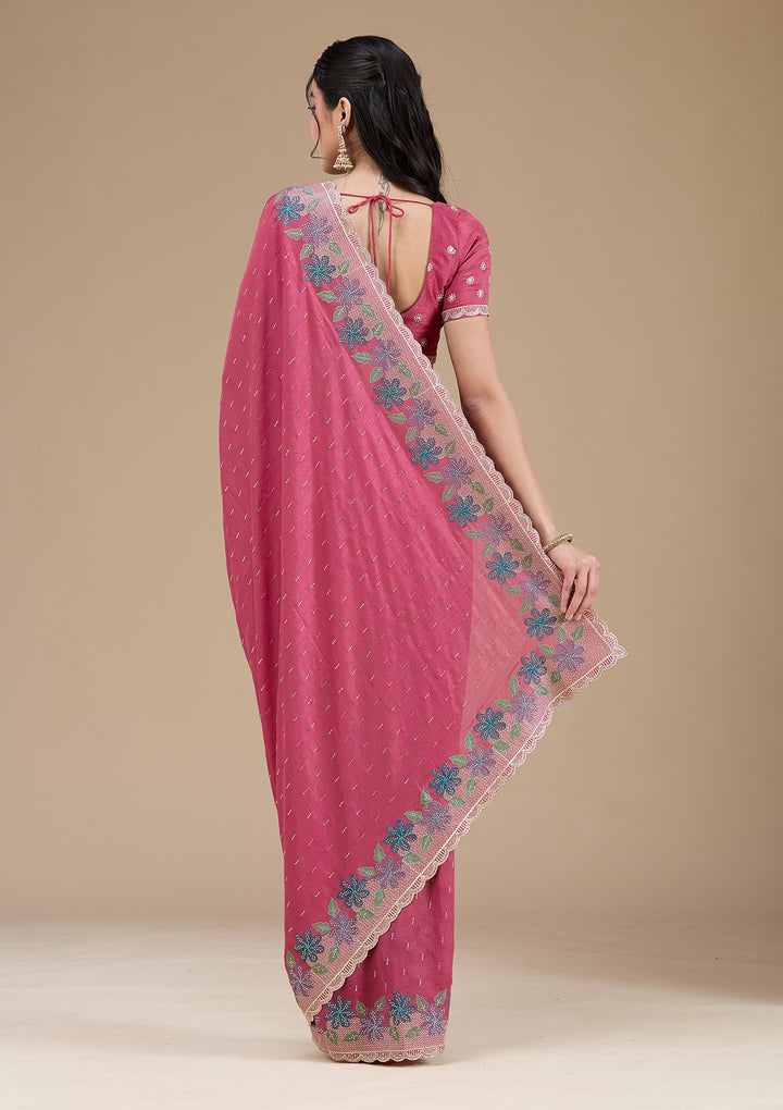 Onion Pink Threadwork Soft Raw Silk Saree