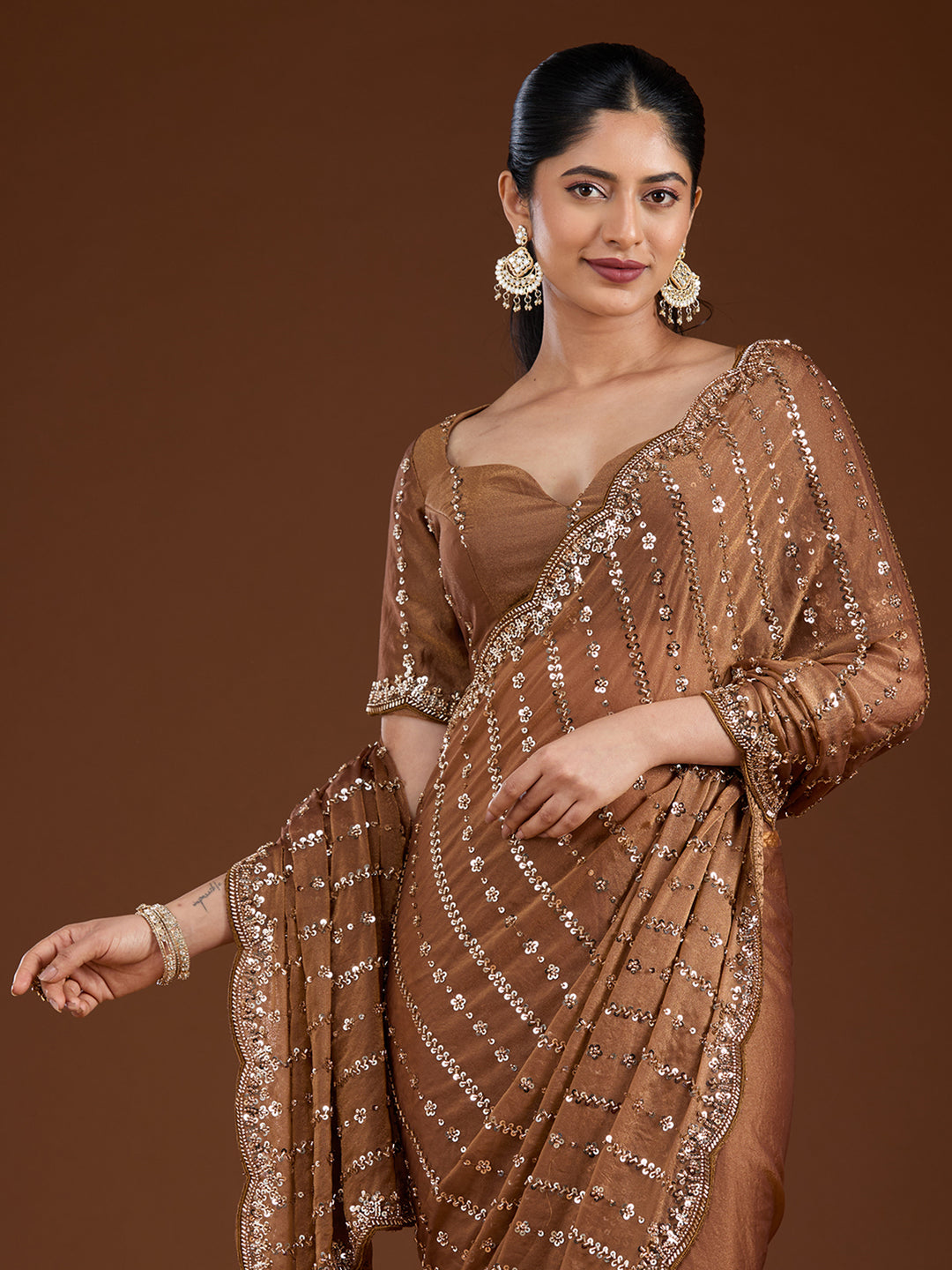 Brown Cutdana Tissue Saree