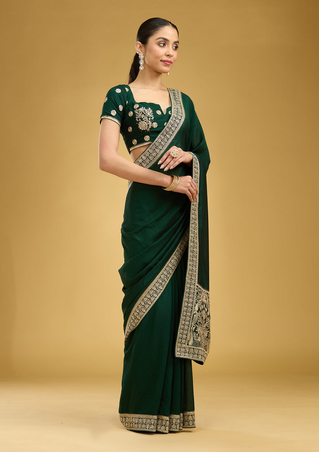 Bottle Green Zariwork (Gold) Soft Raw Silk Saree
