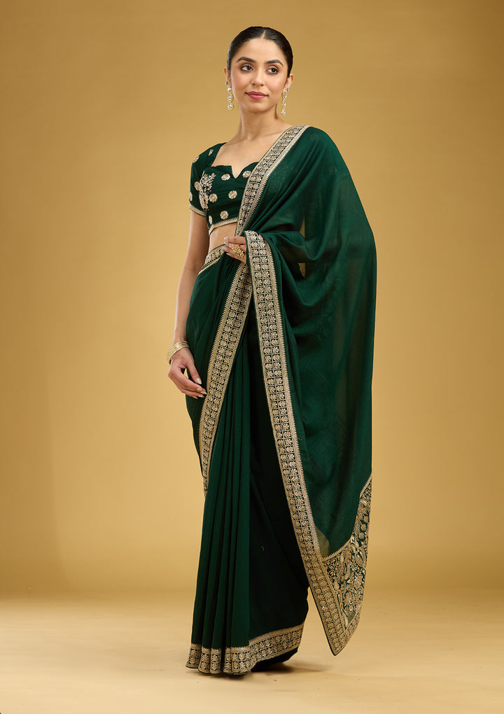 Bottle Green Zariwork (Gold) Soft Raw Silk Saree