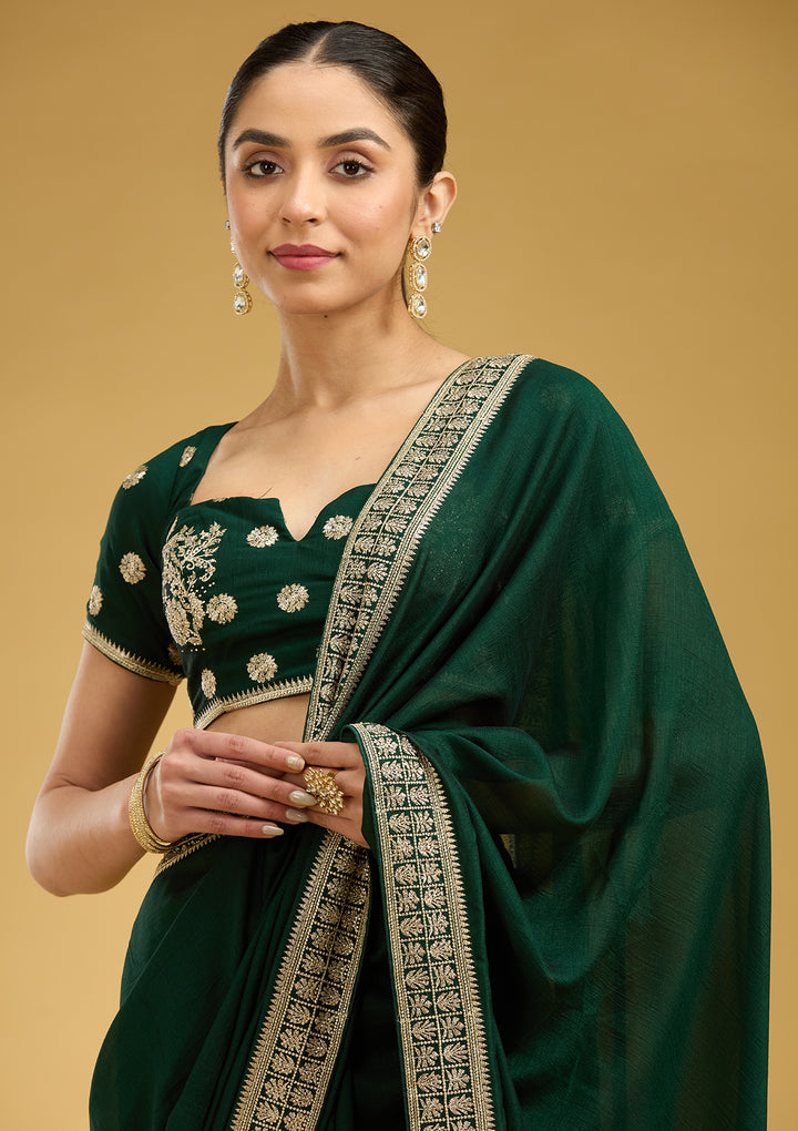 Bottle Green Zariwork (Gold) Soft Raw Silk Saree