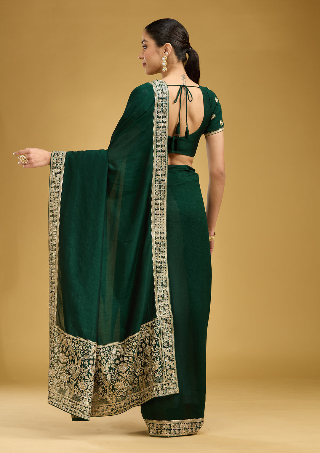 Bottle Green Zariwork (Gold) Soft Raw Silk Saree