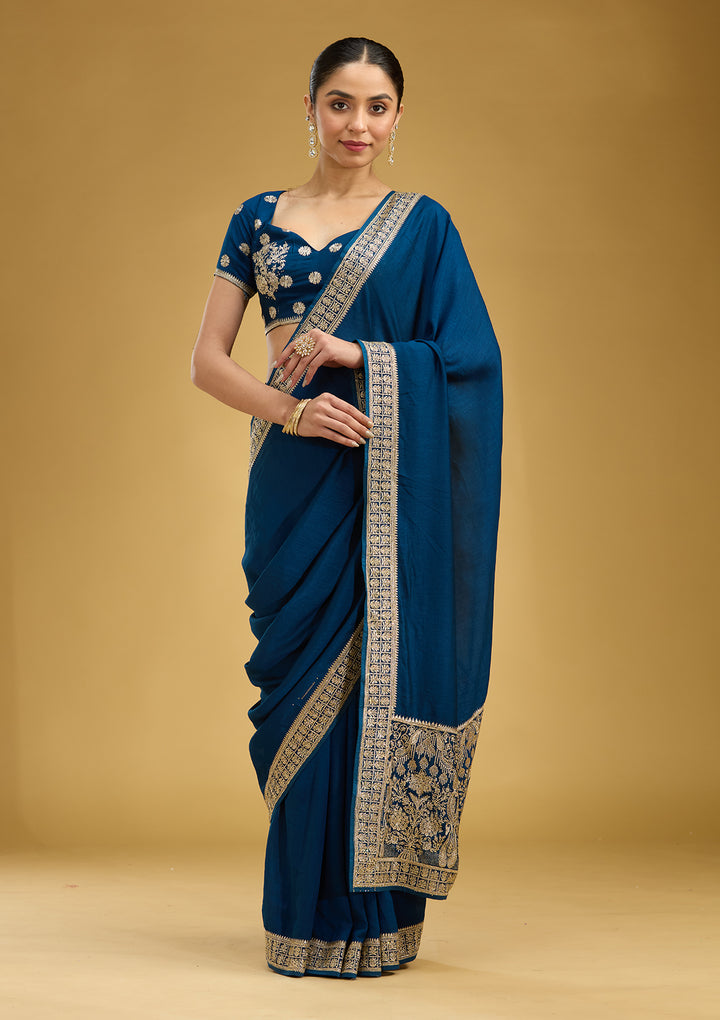 Peacock Blue Zariwork (Gold) Soft Raw Silk Saree