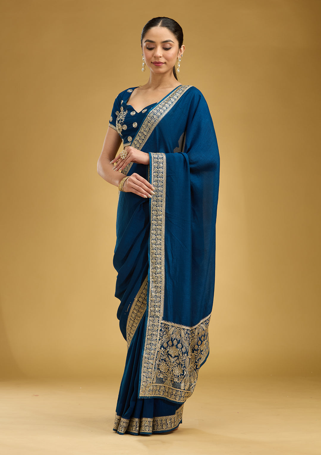 Peacock Blue Zariwork (Gold) Soft Raw Silk Saree