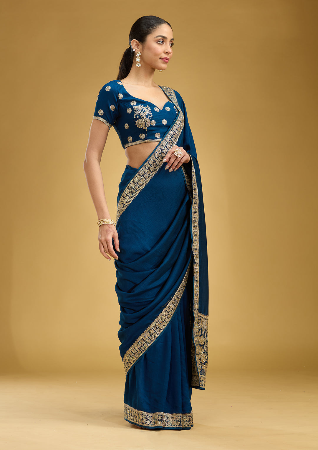 Peacock Blue Zariwork (Gold) Soft Raw Silk Saree