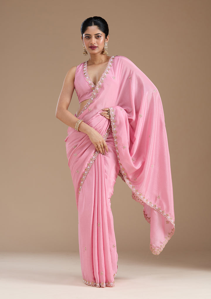 Onion Pink Zariwork (Gold) Chinon Saree